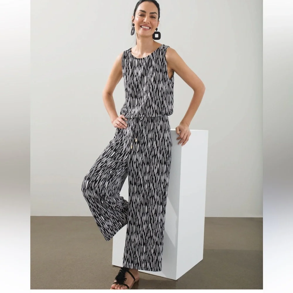 Chico's Traveler’s Black and White Abstract Print Tie Waist Jumpsuit Sz. 2 12/14